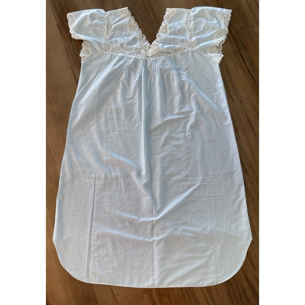 Vtg Barbizon‎ Nightgown Pale Blue Cotton Blend Seed Pearls Embroidery Lace